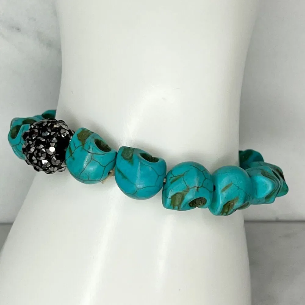Faux Turquoise Skull Rhinestone Beaded Stretch Bracelet